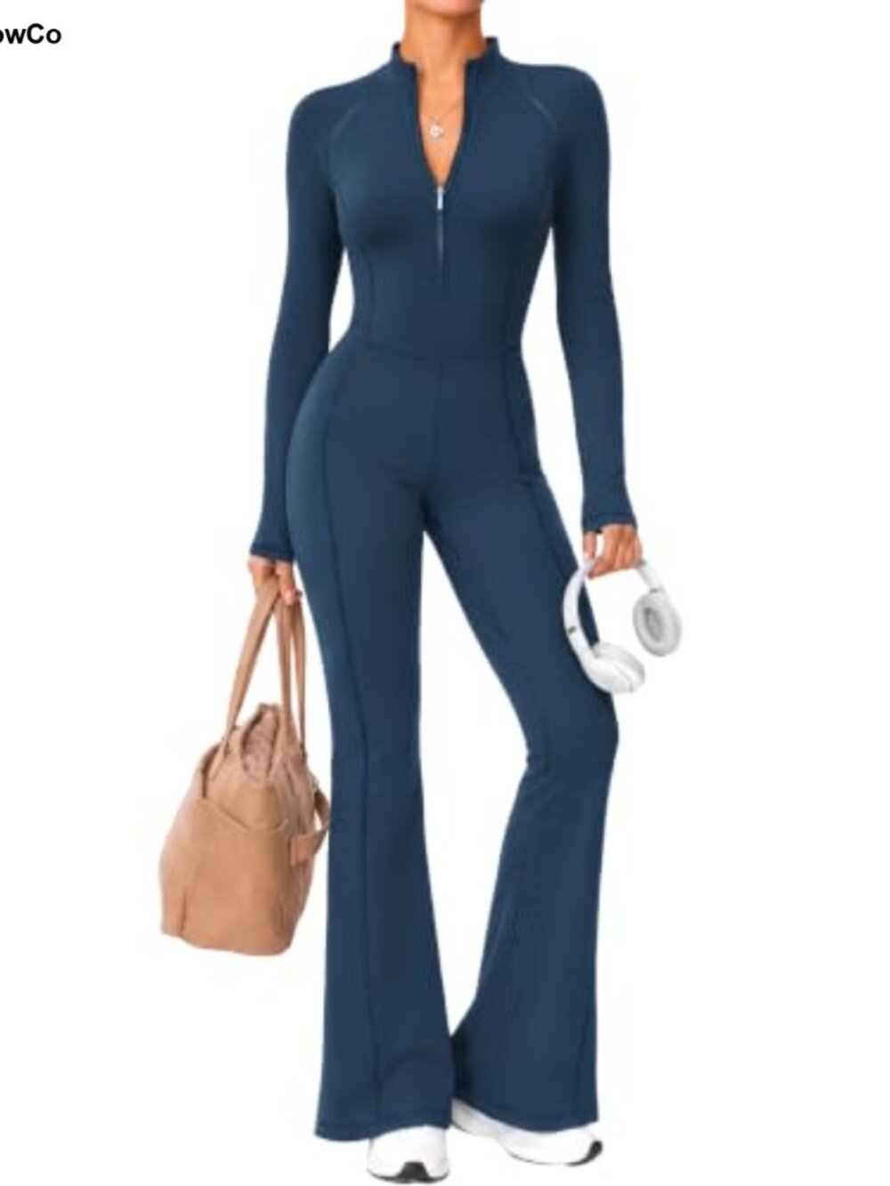 Long Sleeve Half-Zip Flared Workout Jumpsuit Mock Neck Slim Fit